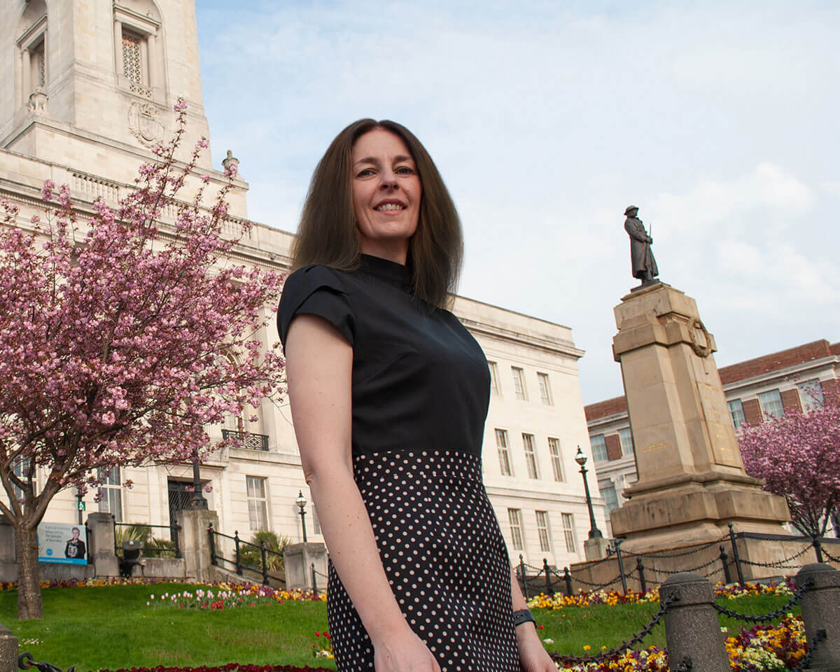Kat Derbyshire owner of Black Kat HR in front of Barnsley Town Hall